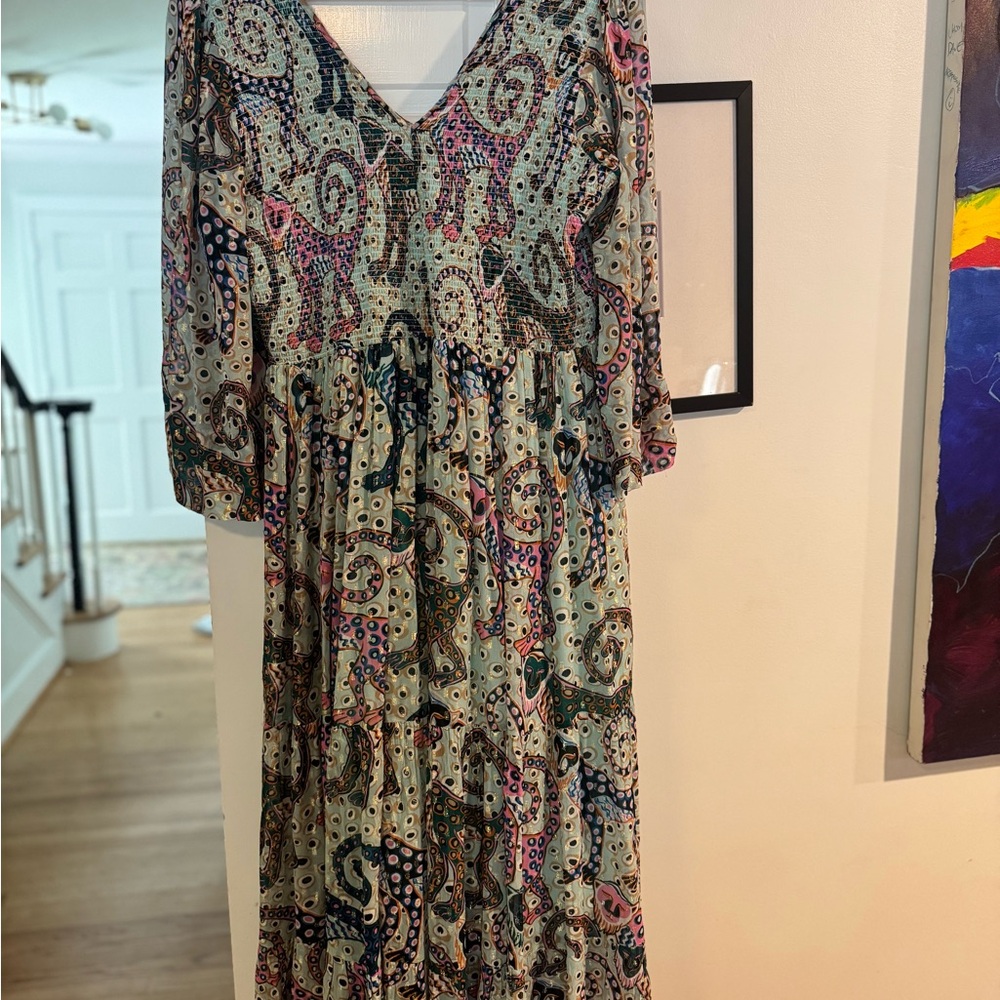 Oliphant Multicolor Monkey Maxi Dress Smocked & Shimmery - Picture 8 of 11